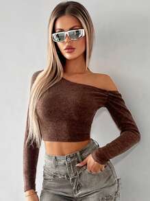 SHEIN ICON Asymmetrical Neck Crop Tee - Chocolate Brown - View 1