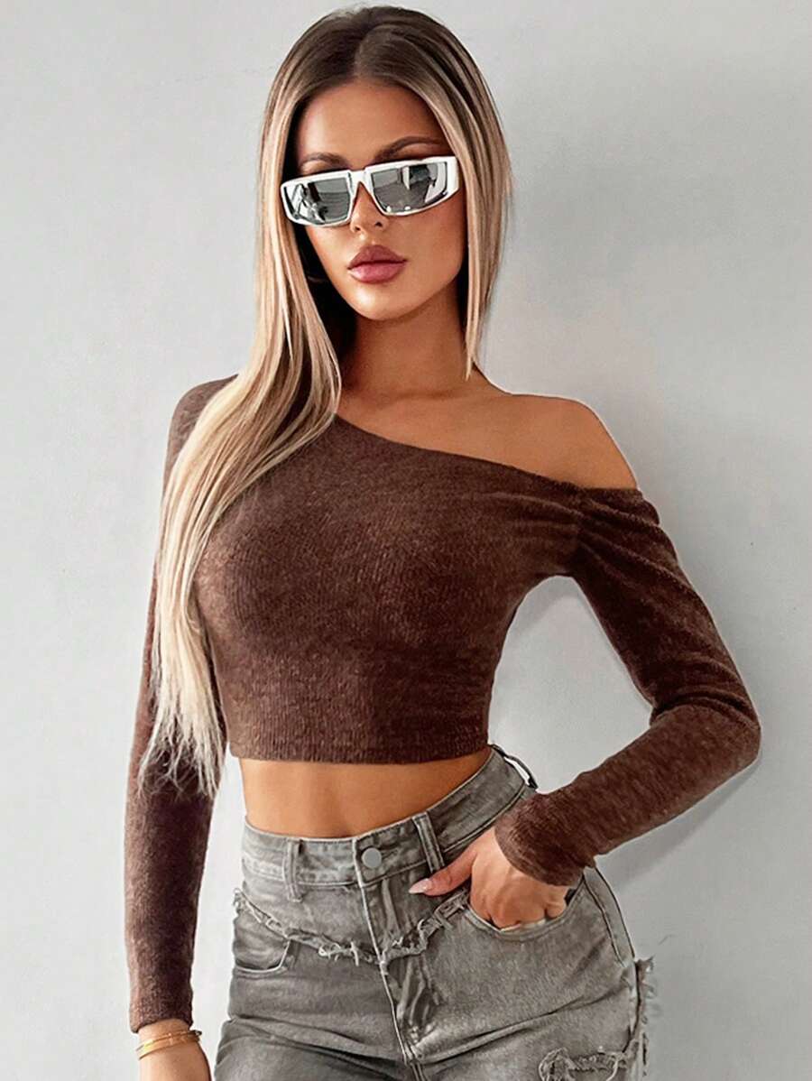SHEIN ICON Asymmetrical Neck Crop Tee - Chocolate Brown - View 1