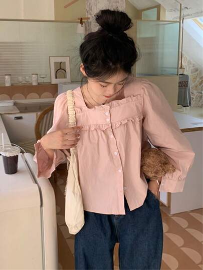 純色荷葉邊鈕扣襯衫