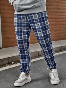 Manfinity Homme 男裝格子印花束腰寬鬆褲子