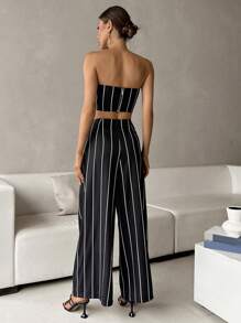 SHEIN Privé 條紋印花抹胸上衣&闊腿褲 - 黑色 - 查看 2
