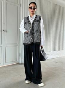 DAZY 条纹印花毛边双口袋背心外套（不含衬衫）女式夹克，秋季女装 - 黑色 - 查看 3