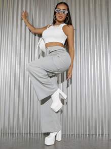 SHEIN SXY Flap Pocket Wide Leg Pants - Grey - View 4