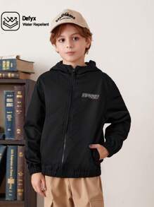SHEIN Tween Boy Waterproof Fabric Letter Print Zipper Hooded Jacketsuitable For Autumn And Winter - Black - View 1