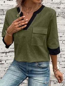 EMERY ROSE Contrast Trim Flap Pocket Blouse - Green - View 4