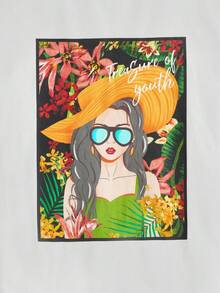 SHEIN Teen Girl Figure Graphic Tee & Flare Skirt - Army Green - View 3