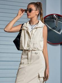 Eilly Bazar Zip Up Drawstring Hem Crop Vest Jacket - Beige - View 1