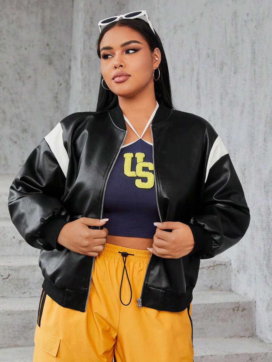 SHEIN EZwear Hơn Khối màu Thả vai chất liệu da PU Áo khoác bomber - màu đen - Xem 1