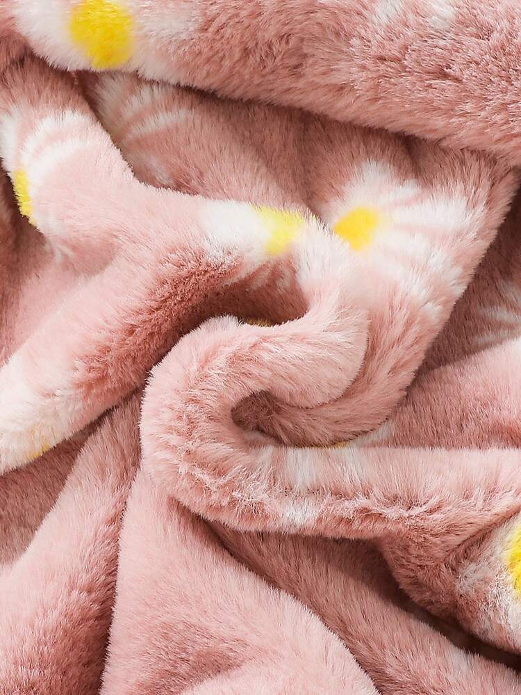 Baby Girl Floral Print Belted Fuzzy Coat