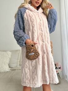 Cartoon Embroidery Raglan Sleeve 3D Ear Design Hooded Sleep Robe - Multicolor - View 4