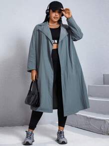SHEIN X Galloways Plus Lapel Neck Belted Trench Coat - Dark Grey - View 4