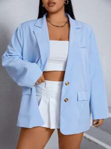 SHEIN EZwear Plus Lapel Neck Flap Detail Blazer - Baby Blue - View 1