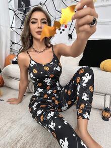 con stampa halloween Top bretelle sottile & Pantaloni Set pigiama - nero - Visualizzare 3