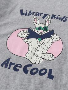 Chica preadolescente Camiseta de hombros caídos con estampado de dibujos animados y letra - Gris - Ver 4