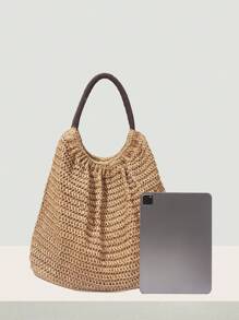 SHEIN VCAY 卡其色極簡風格編織草編托特包帶雙把手,合適的適用於度假 - 棕色 - 查看 4