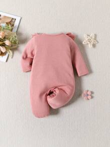 Baby Girl Ruffle Trim Footed Jumpsuit - Baby Pink - View 2