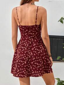 Soleia 碎花胸部褶皺吊帶連衣裙 - 酒紅色 - 查看 2