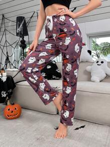 Halloween Print Tie Front Sleep Pants, For Fall - Multicolor - View 4