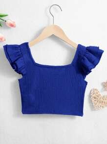 SHEIN Tween Girl Square Neck Butterfly Sleeve Tee - Royal Blue - View 2