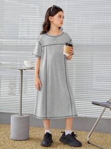 SHEIN 女大童拼接車縫落肩T恤連衣裙 - 淺灰色 - 查看 1