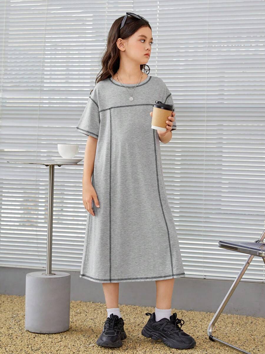 SHEIN 女大童拼接車縫落肩T恤連衣裙 - 淺灰色 - 查看 1