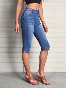 SHEIN LUNE 高腰下擺開叉七分緊身牛仔褲 - 中等水洗藍 - 查看 1