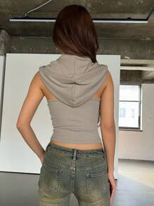 Half Button Contrast Binding Halter Top - Grey - View 8