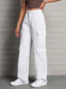 SHEIN Tall Flap Pocket Cargo Jeans - White - View 4