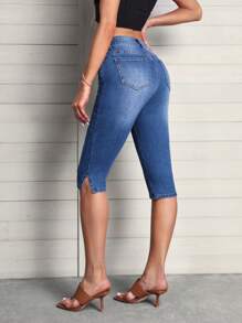 SHEIN LUNE 高腰下擺開叉七分緊身牛仔褲 - 中等水洗藍 - 查看 3