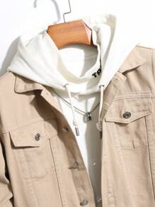 Manfinity Homme 男士长袖翻盖口袋牛仔夹克（无帽），秋季款 - 卡其色 - 查看 6