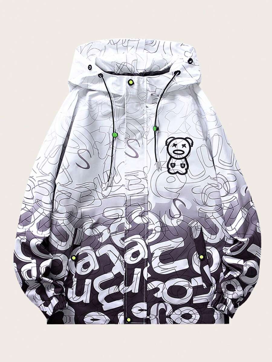Hombres talla grande Cazadora con estampado de letra de ombré con cordón con capucha - Gris - Ver 1