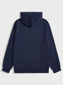 ROMWE MEN Street Life Men Slogan & Leopard Print Drawstring Hoodie - Navy Blue - View 2