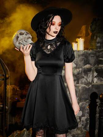 Contrast Lace Puff Sleeve Dress Gothic