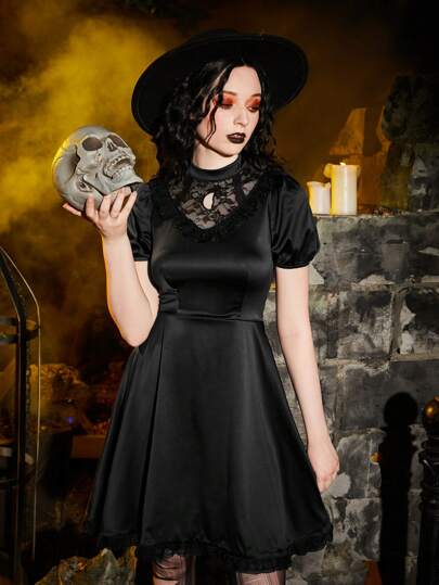 Contrast Lace Puff Sleeve Dress Gothic