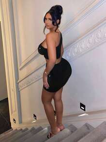 SHEIN SXY 單肩短款亮片上衣&包臀半身裙 - 黑色 - 查看 2