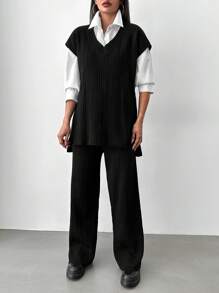EURMUSE Split Hem Sweater Vest & Knit Pants Without Blouse - Black - View 5