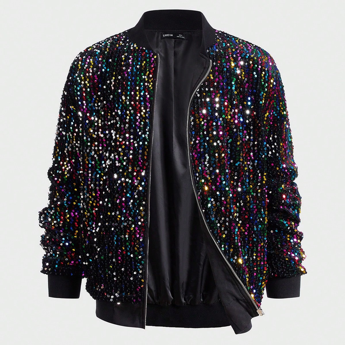 Chaqueta Bomber con Cremallera y Lentejuelas de Moda para Hombres, Chaqueta de Béisbol con Lentejuelas Negra de Manga Larga de Moda para Fiestas, Reg
