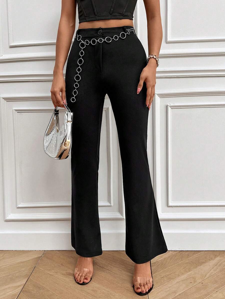High Waist Flare Leg Pants - Black - View 1