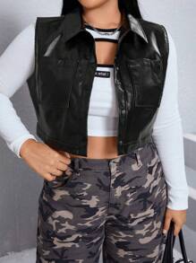 SHEIN EZwear Áo khoác vest da PU cộng thêm - màu đen - Xem 1