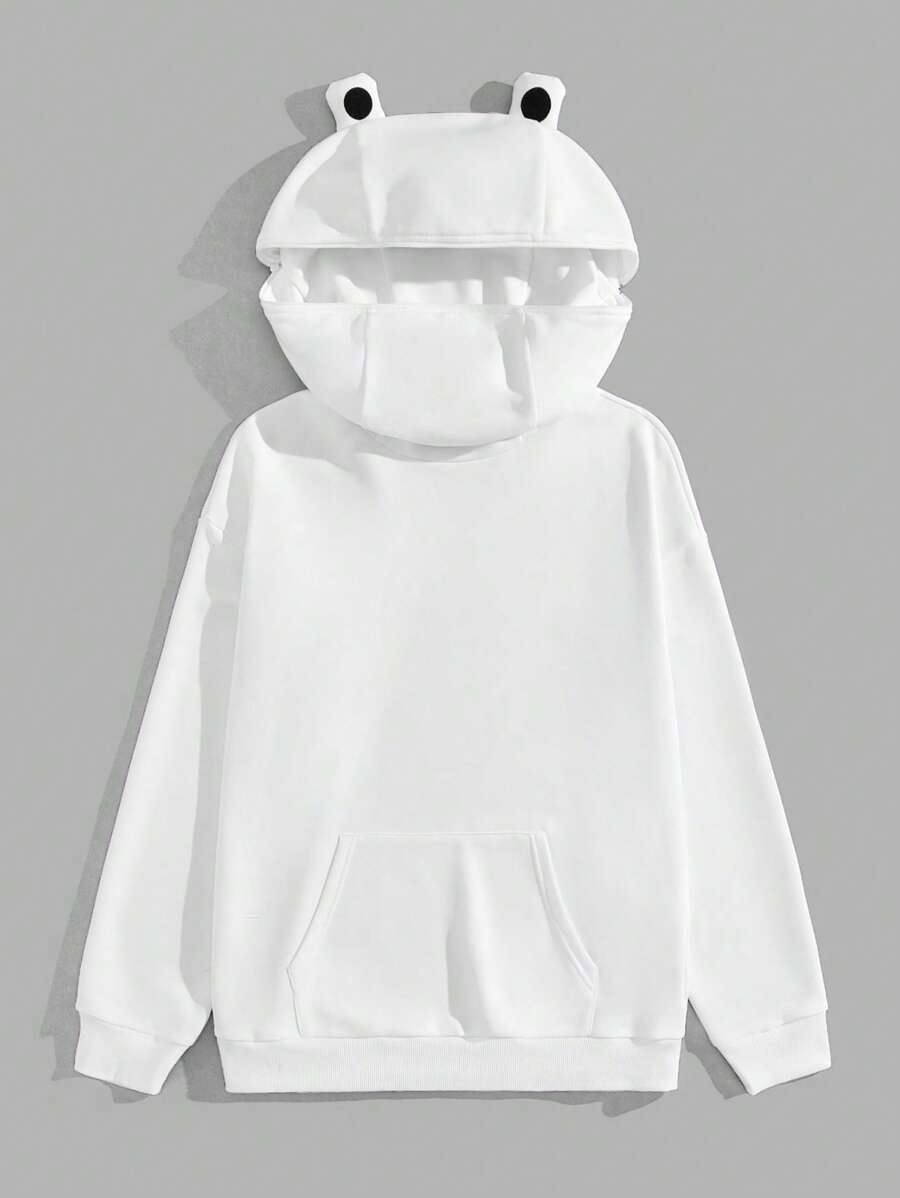 Manfinity VCAY 寬鬆款男士3d耳設計袋鼠口袋連帽衫 - 白色 - 查看 1
