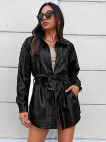 EURMUSE Drop Shoulder Belted PU Leather Coat - Black - View 3