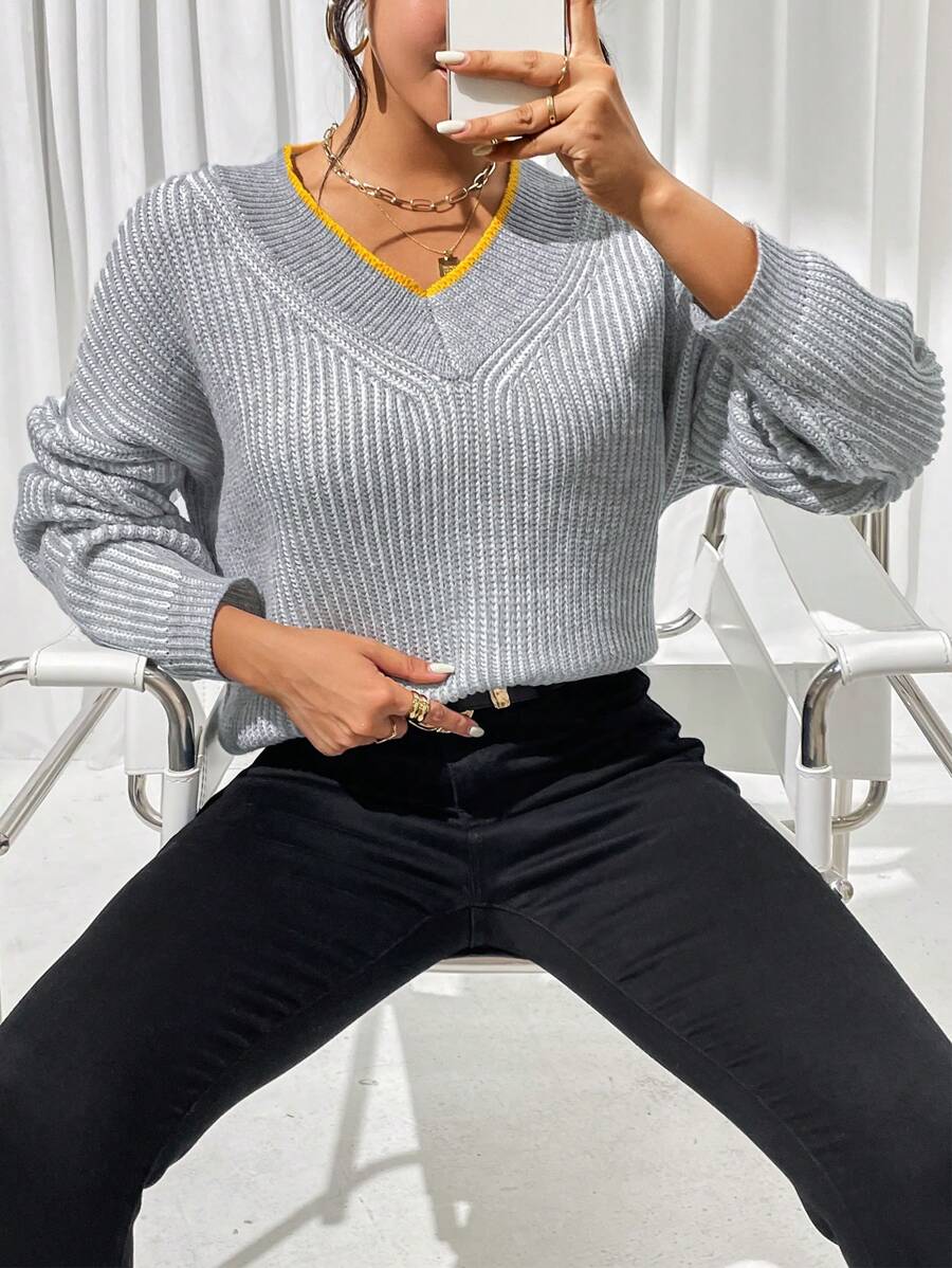 Chiquease Contrast Binding Drop Shoulder Ribbed Knit Pullover Fall Winter Sweater - Grey - View 1