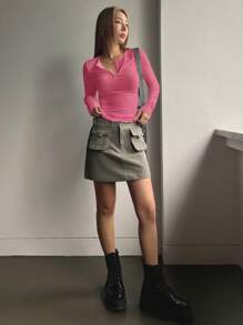 DAZY 半扣罗纹针织 T 恤学院风上衣长袖女式上衣，秋季女装