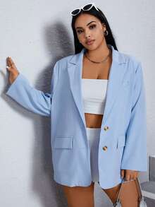 SHEIN EZwear Plus Lapel Neck Flap Detail Blazer - Baby Blue - View 5