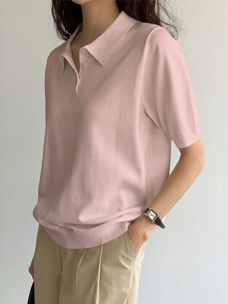 DAZY 素色Polo領針織上衣 - 藕粉色 - 查看 1
