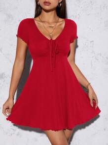 SHEIN PETITE 木耳邊前抽繩洋裝 - 紅色 - 查看 5