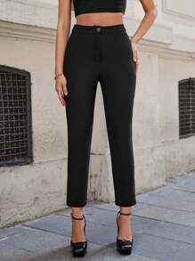 EURMUSE High Waisted Solid Color Casual Tapered Suit Pants - Black - View 1