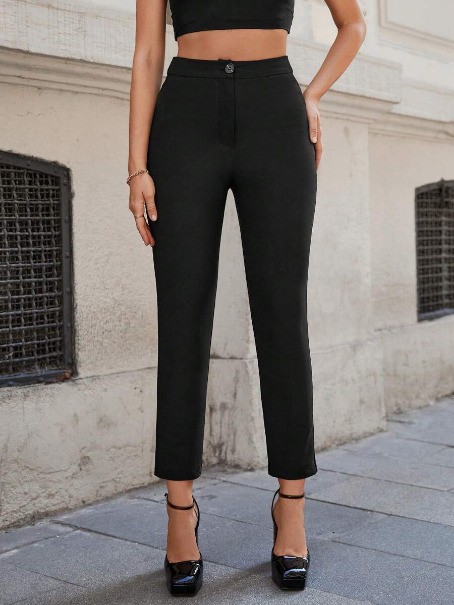 EURMUSE High Waisted Solid Color Casual Tapered Suit Pants - Black - View 1