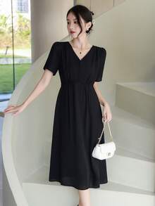 Solid V Neck Puff Sleeve Dress - Black - View 6