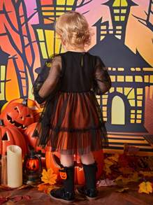 SHEIN Baby Girl Halloween Print Mesh Overlay Bow Front Dress, For Halloween Party - Multicolor - View 2